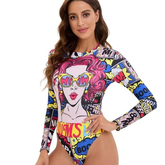 New One-Piece Comic Design Long Sleeve Bodysuit - Picture 2 of 2